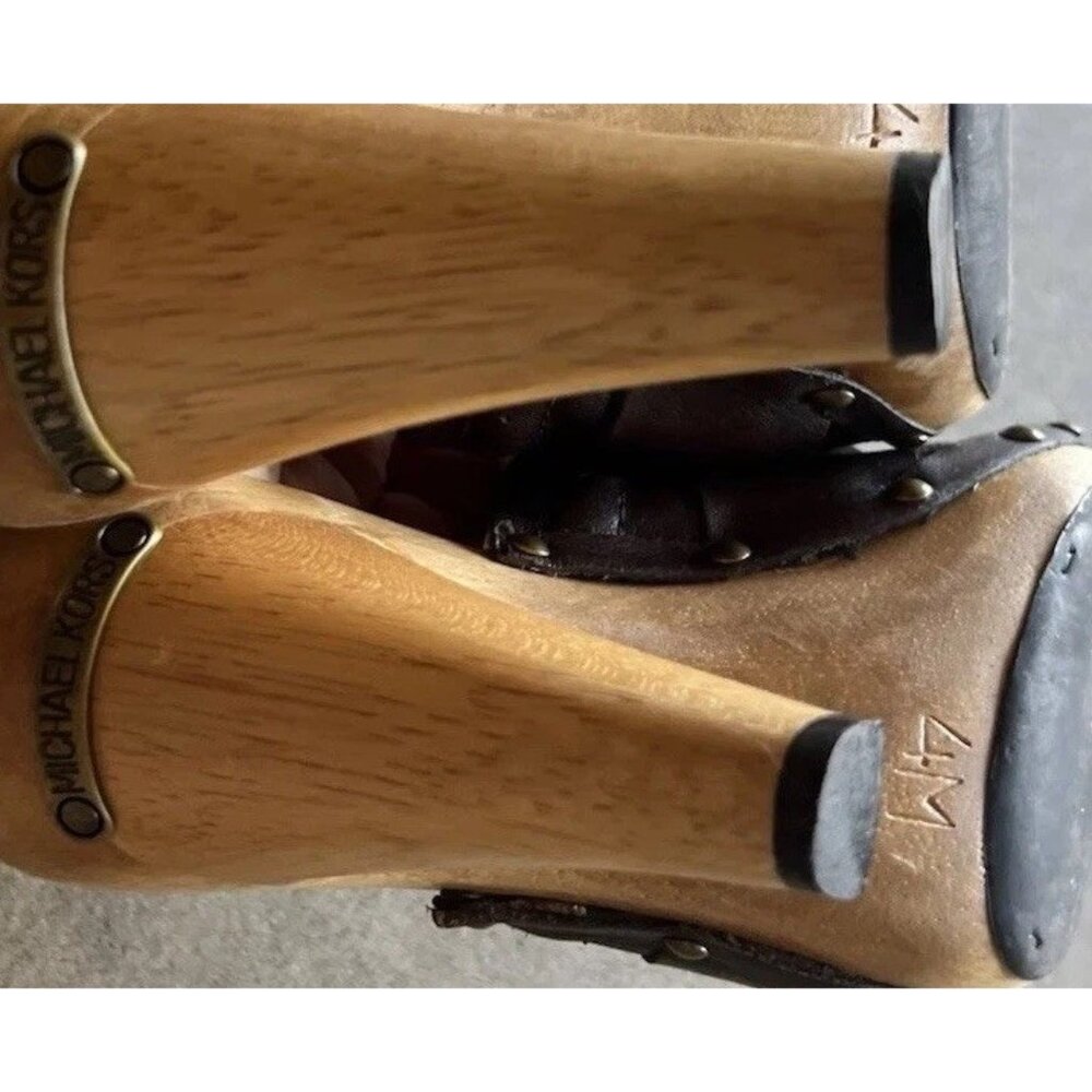 Michael Kors Leather Studd Wood clogs Luggage Brown Platform Heels Womens Size 4 - Picture 8 of 15
